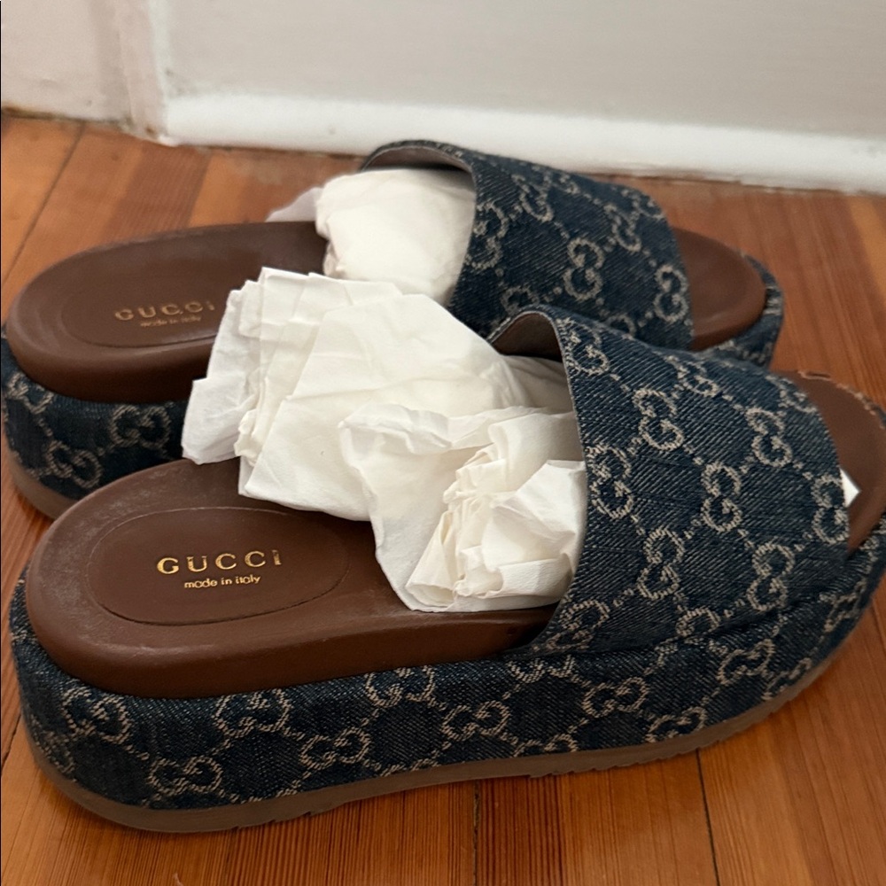 Gucci Denim GG Logo Platform Slide Sandals in Blue and Brown - Picture 3 of 4